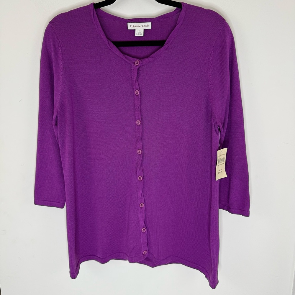 Coldwater Creek Purple Silk Blend 3/4 Sleeve Twist Detail Cardigan Size L NEW